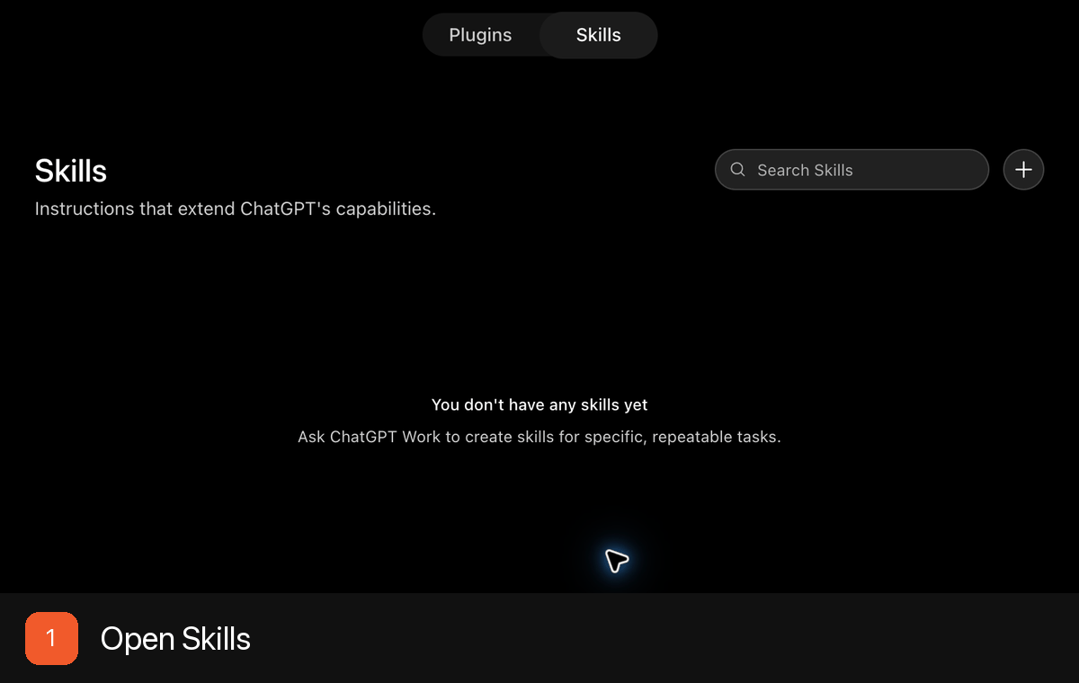 Live ChatGPT interface showing the Skills page, upload menu, and ZIP upload screen