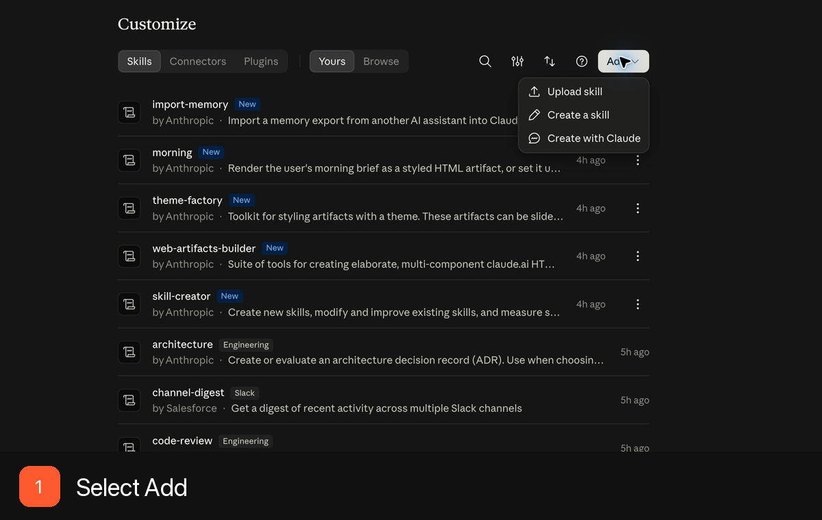 Live Claude interface showing the Add menu and ZIP upload screen